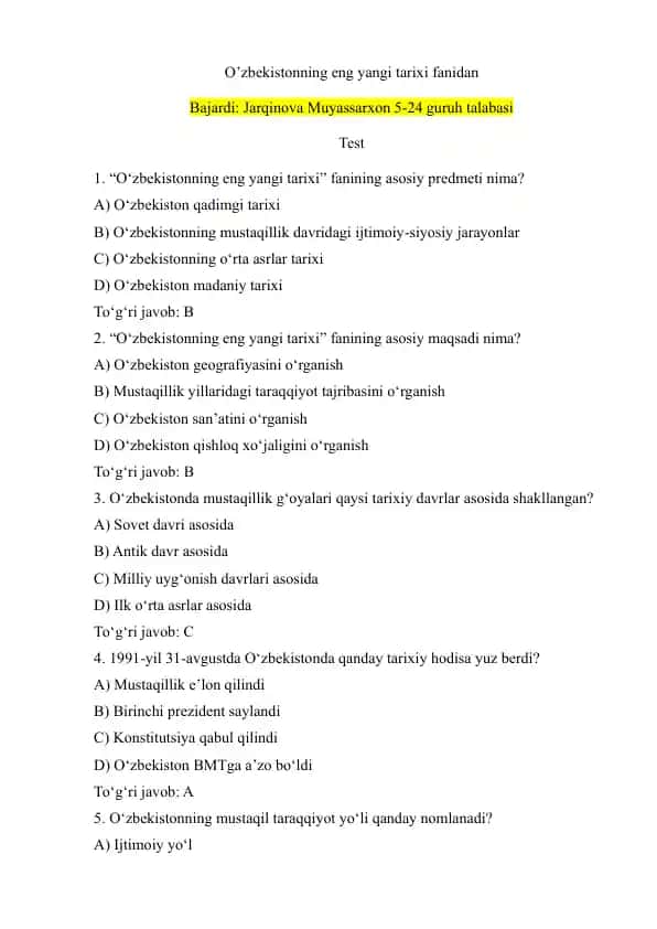 O‘zbekistonning eng yangi tarixi fanidan