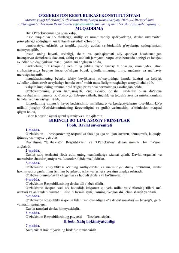 O‘zbekiston Respublikasi Konstitutsiyasi