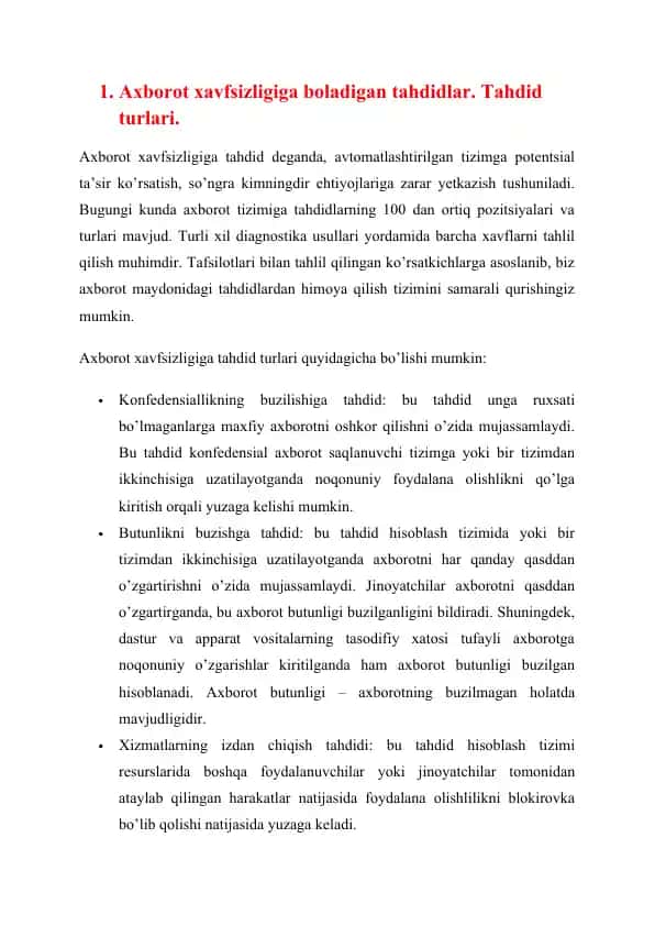 Axborot xavfsizligiga boladigan tahdidlar. Tahdid turlari.