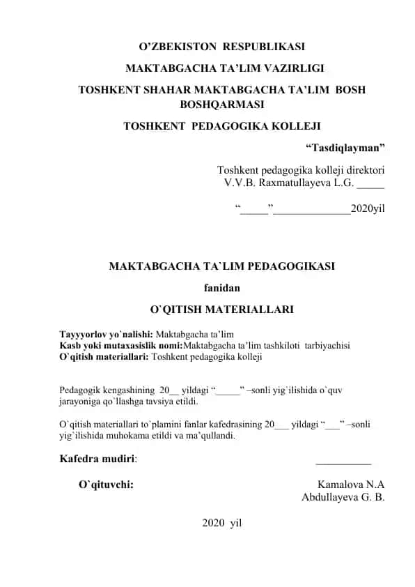 O`QITISH MATERIALLARI (Tayyorlov yo`nalishi: Maktabgacha ta’lim)