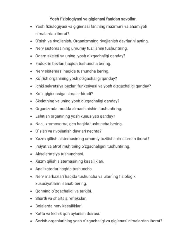 Yosh fiziologiyasi va gigienasi savollari