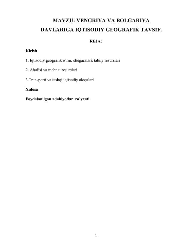 Vengriya va Bolgariya Davlariga Iqtisodiy Geografik Tavsif
