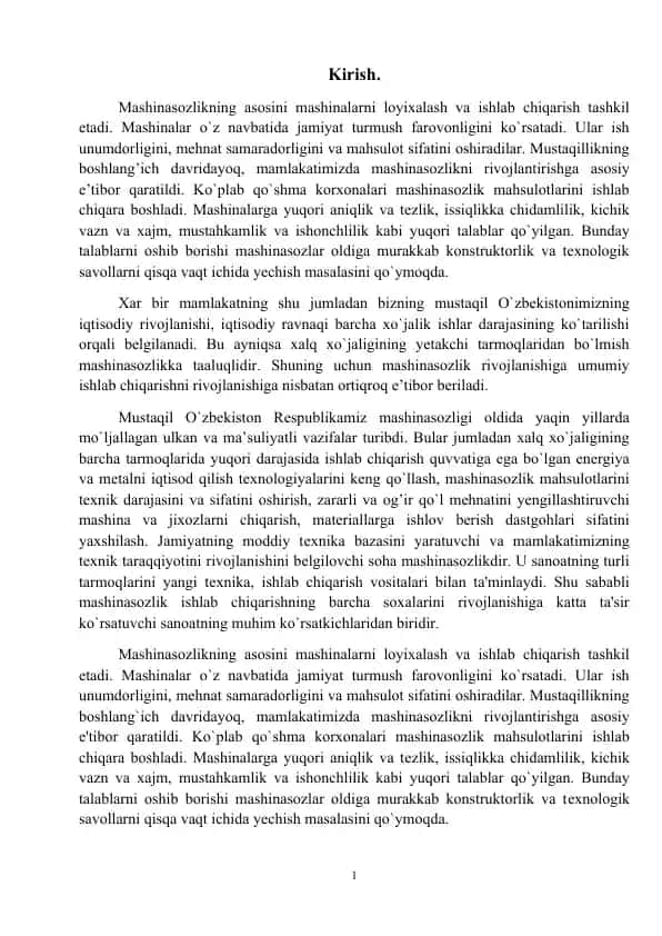 Loyhalanadigan stanokning texnik tavsiflarini aniqlash