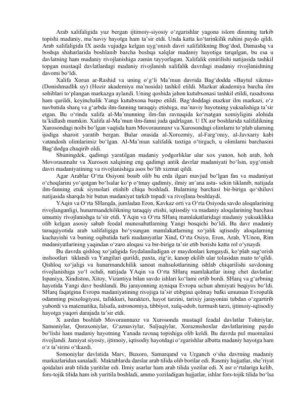Arab xalifaligida ijtimoiy-siyosiy o‘zgarishlar