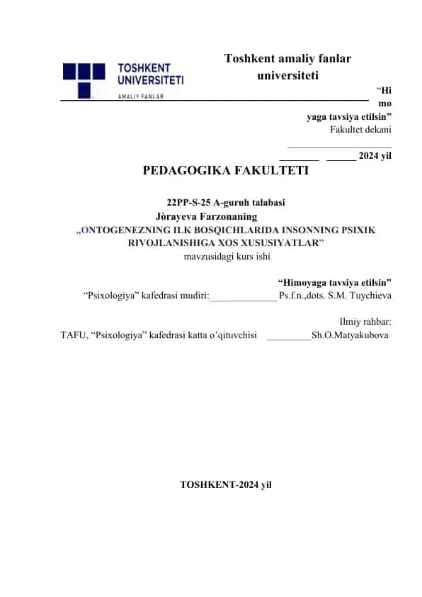 ontogenezning ilk bosqichlaridagi psixik taraqqiyot diagnostikasi