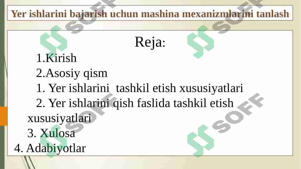 Yer ishlarini bajarish uchun mashina mexanizmlarini tanlash