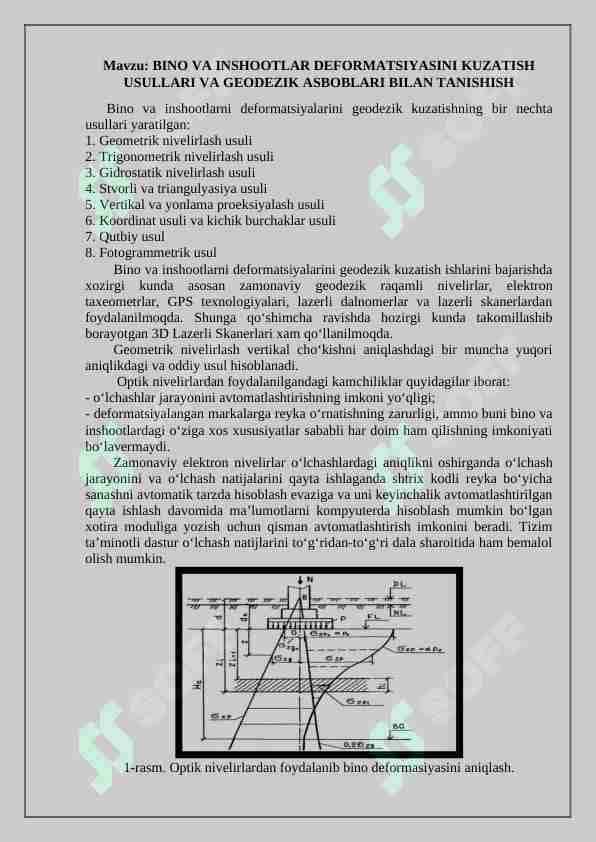 BINO VA INSHOOTLAR DEFORMATSIYASINI KUZATISH USULLARI VA GEODEZIK ASBOBLARI BILAN TANISHISH