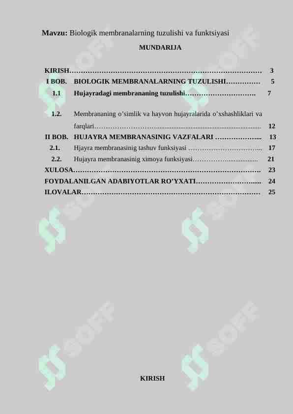 Biologik membranalarning tuzulishi va funktsiyasi