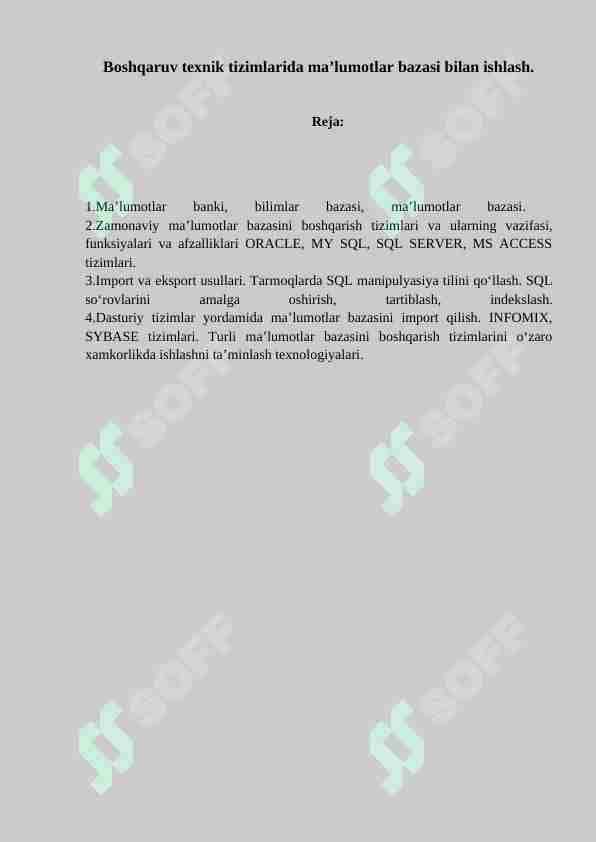Boshqaruv texnik tizimlarida ma’lumotlar bazasi bilan ishlash