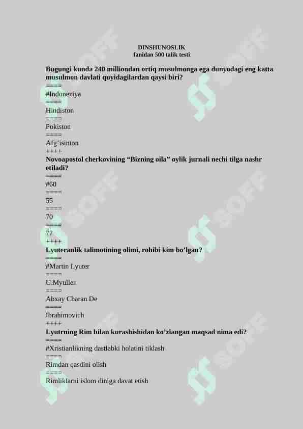 DINSHUNOSLIK fanidan 500 talik testi, javoblari bilan