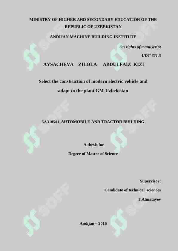 Select the construction of modern electric vehicle. DISSERTATION Degree of Master of Science