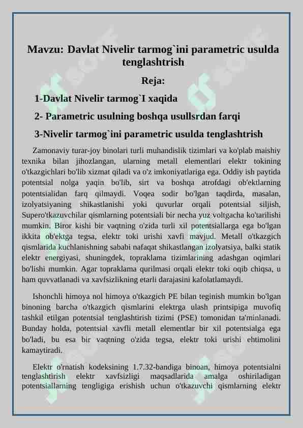 Davlat Nivelir tarmog`ini parametric usulda tenglashtrish