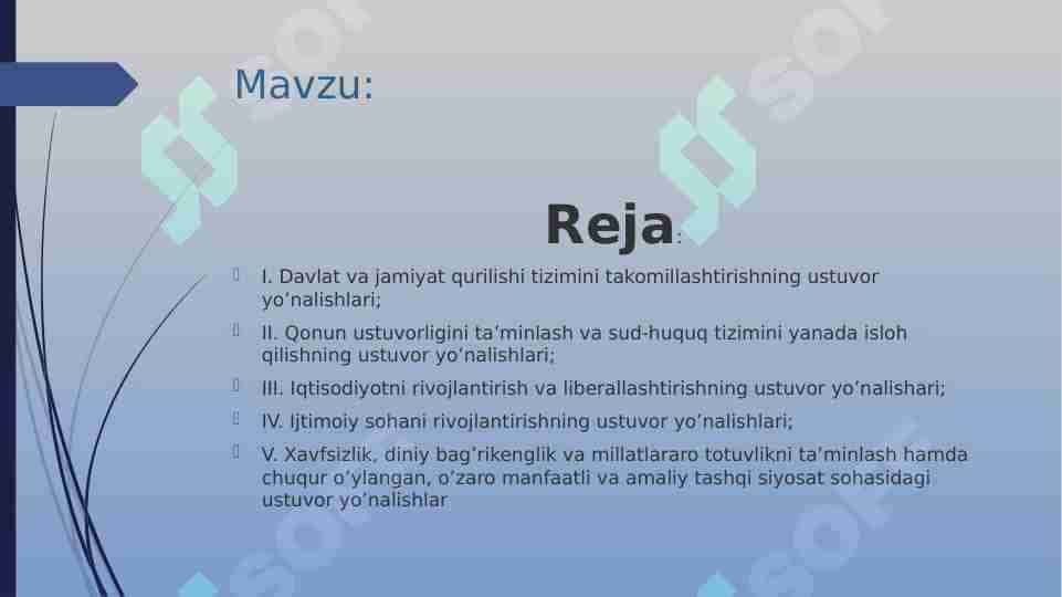 Davlat va jamiyat qurilishi tizimini takomillashtirishning ustuvor yo’nalishlari