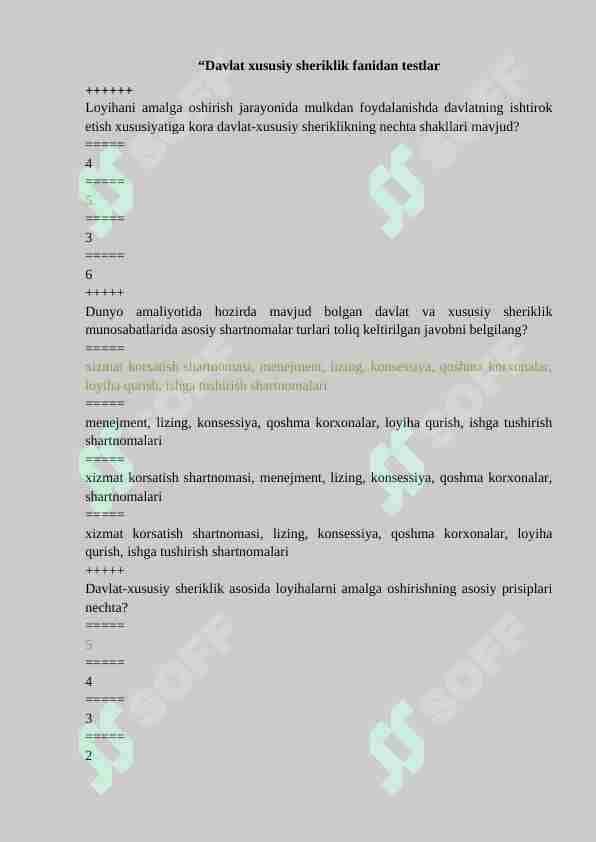"Davlat xususiy sheriklik fanidan testlar javobi bilan