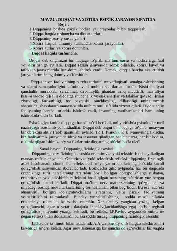 Diqqat va xotira-psixik jarayon sifatida