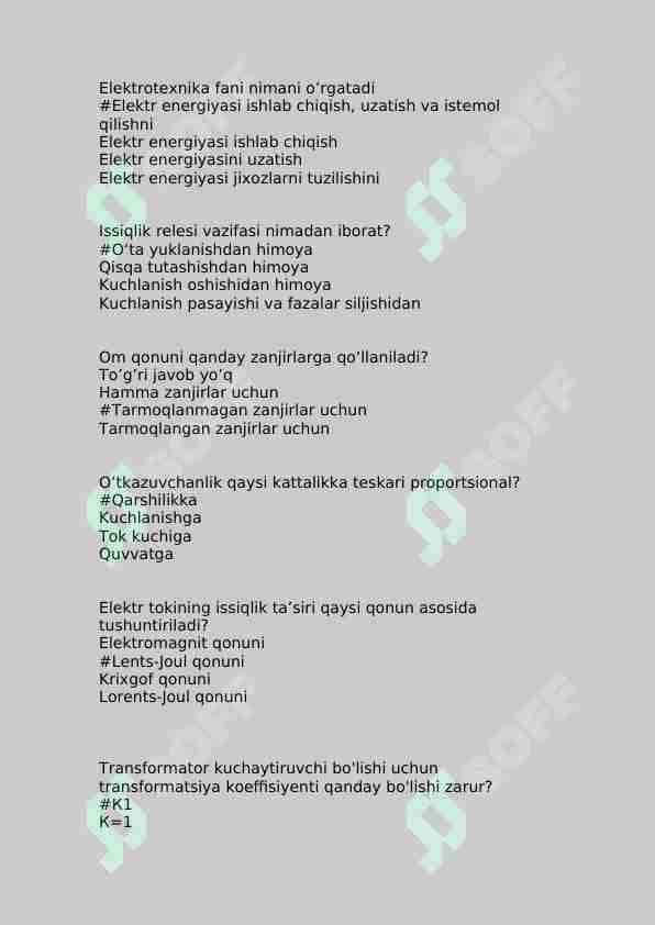 Elеktrotеxnika va elektronika fanidan 300 talik test javoblari bilan