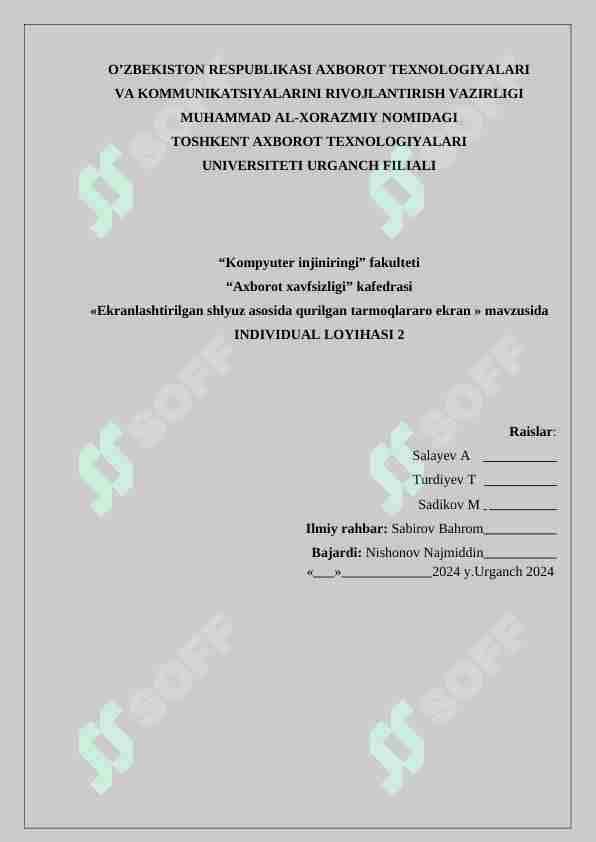 «Ekranlashtirilgan shlyuz asosida qurilgan tarmoqlararo ekran » mavzusida INDIVIDUAL LOYIHASI 2