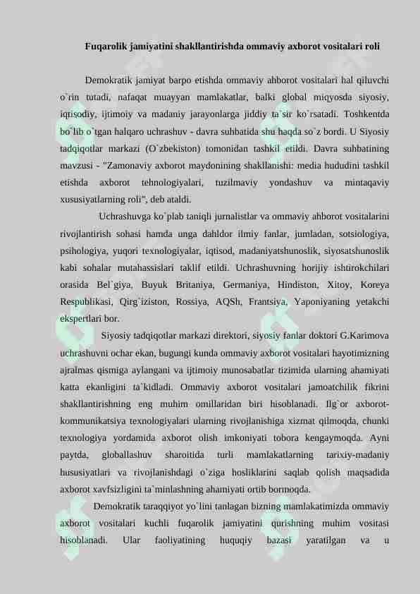 Fuqarolik jamiyatini shakllantirishda ommaviy axborot vositalari roli