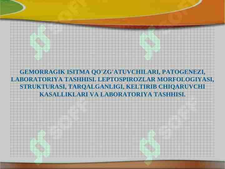 GEMORRAGIK ISITMA QO'ZG'ATUVCHILARI, PATOGENEZI, LABORATORIYA TASHHISI. LEPTOSPIROZLAR MORFOLOGIYASI, STRUKTURASI, TARQALGANLIGI, KELTIRIB CHIQARUVCHI KASALLIKLARI VA LABORATORIYA TASHHISI.