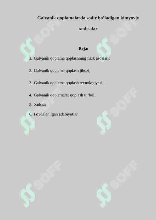 Galvanik qoplamalarda sodir bo’ladigan kimyoviy xodisalar