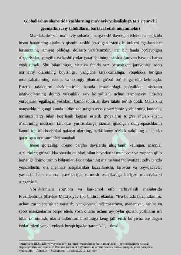 Glоbаllаshuv shаrоitidа yoshlаrning mа’nаviy yuksаlishigа tа’sir etuvchi geomаfkurаviy tаhdidlаr