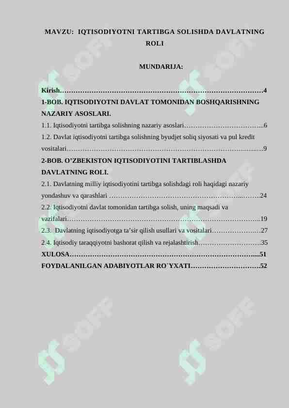 IQTISODIYOTNI TARTIBGA SOLISHDA DAVLATNING ROLI