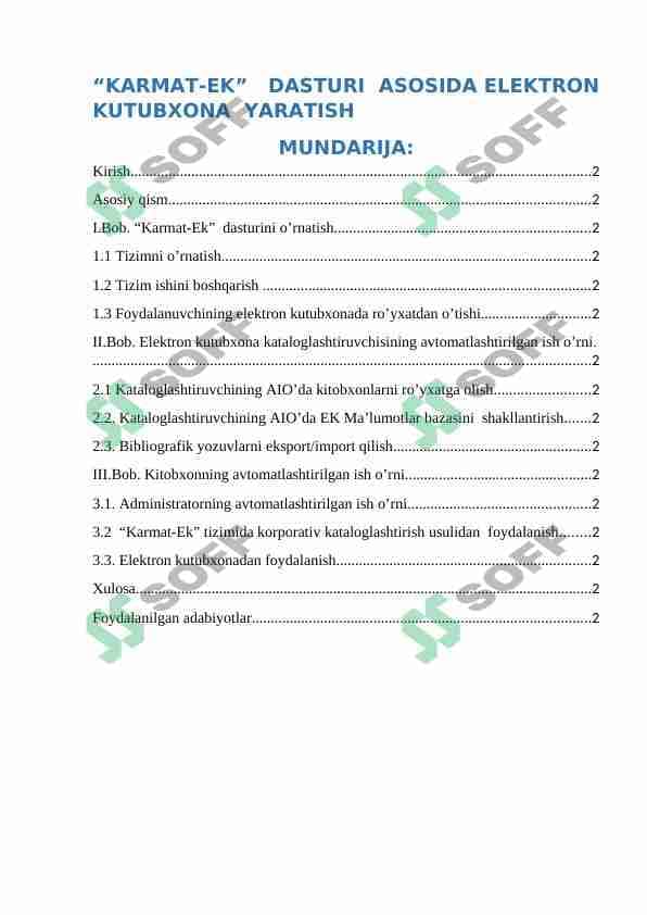 “KARMAT-EK” DASTURI ASOSIDA ELEKTRON KUTUBXONA YARATISH