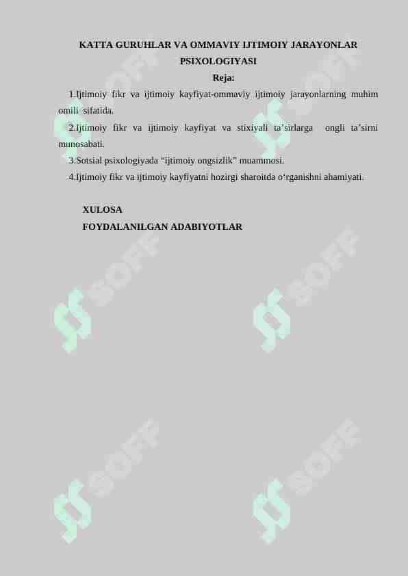 KATTA GURUHLAR VA OMMAVIY IJTIMOIY JARAYONLAR PSIXOLOGIYASI