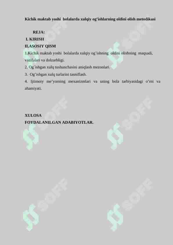 Kichik maktab yoshi bolalarda xulqiy og’ishlarning oldini olish metodikasi
