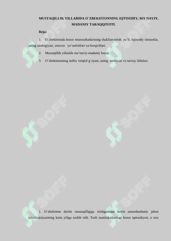 MUSTAQILLIK YILLARIDA O`ZBEKISTONNING IQTISODIY, MA‘NAVIY, MADANIY TARAQQIYOTI