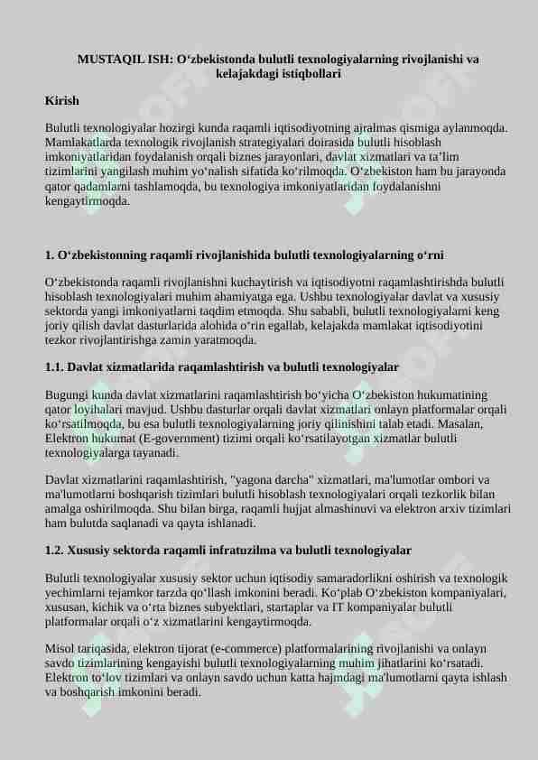 O‘zbekistonda bulutli texnologiyalarning rivojlanishi va kelajakdagi istiqbollari