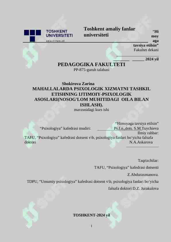 Mahallalarda psixologik xizmatni tashkil etishnin asoslarig ijtimoiy psixologik
