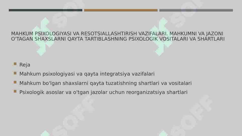 Mahkum psixologiyasi va resotsiallashtirish vazifalari. Mahkumni va jazoni o'tagan shaxslarni qayta tartiblashning psixologik vositalari va shartlari