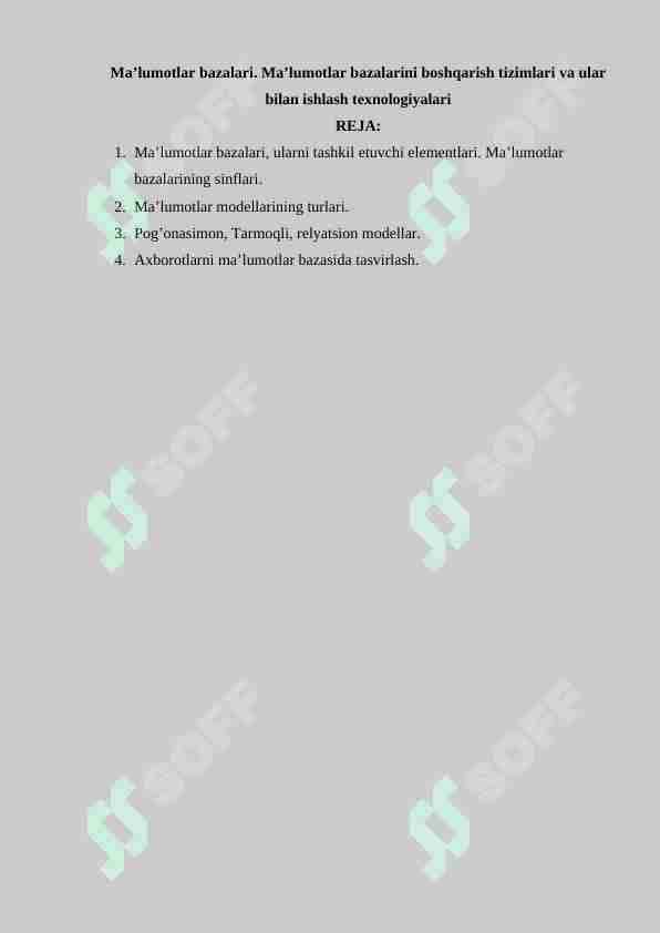 Ma’lumоtlar bazalari. Ma’lumоtlar bazalarini bоshqarish tizimlari va ular bilan ishlash tехnоlоgiyalari