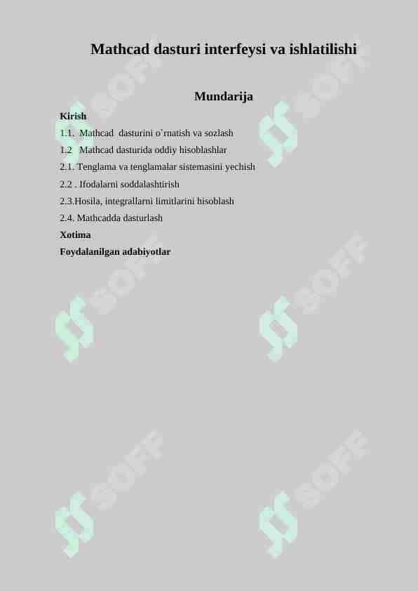 Mathcad dasturi interfeysi va ishlatilishi
