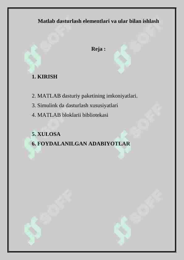 Matlab dasturlash elementlari va ular bilan ishlash