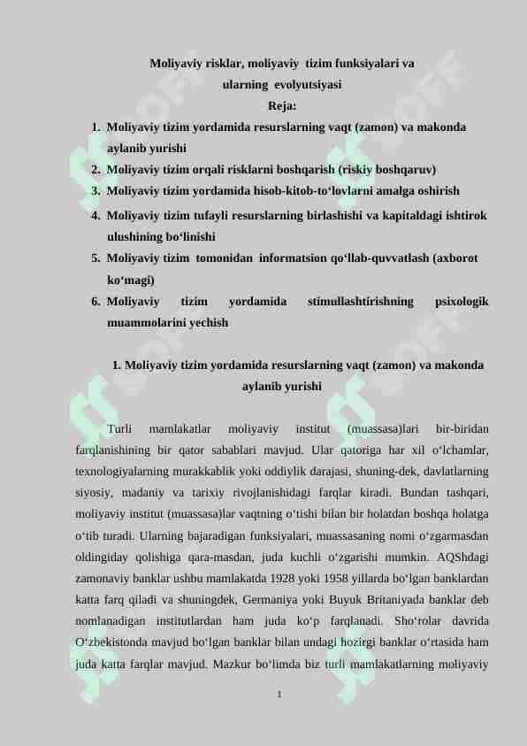 Moliyaviy risklar, moliyaviy tizim funksiyalari va ularning evolyutsiyasi