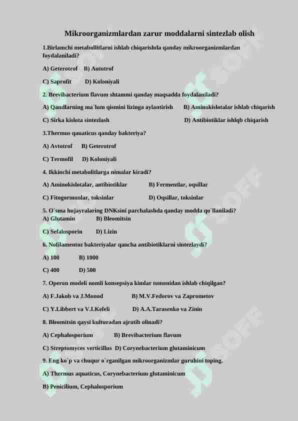 Mikroorganizmlardan zarur moddalarni sintezlab olish test