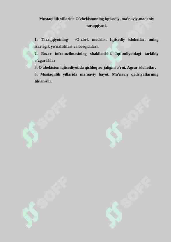 Mustaqillik yillarida O’zbekistonning iqtisodiy, ma`naviy-madaniy taraqqiyoti