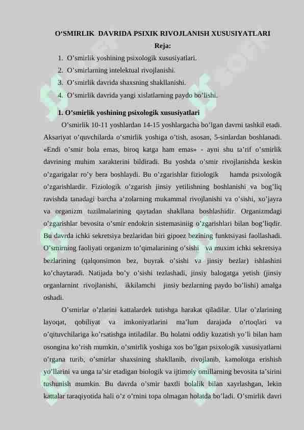 O‘SMIRLIKO‘SMIRLIK DAVRIDA PSIXIK RIVOJLANISH XUSUSIYATLARI