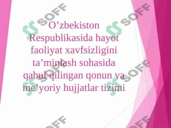 O’zbekiston Respublikasida hayot faoliyat xavfsizligini ta’minlash sohasida qabul qilingan qonun va me’yoriy hujjatlar tizimi
