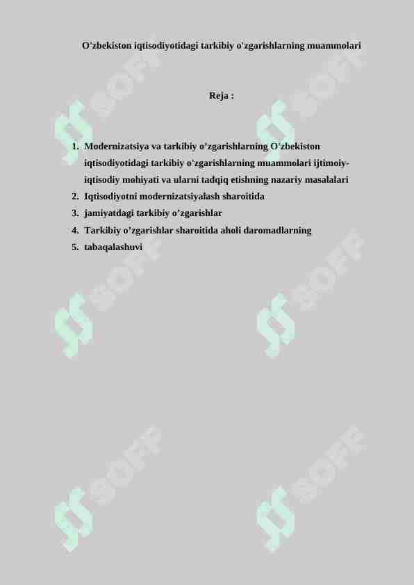 O'zbekiston iqtisodiyotidagi tarkibiy o'zgarishlarning muammolari