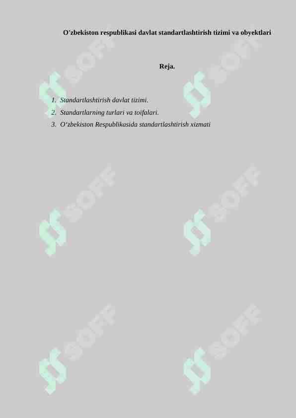 O'zbekiston respublikasi davlat standartlashtirish tizimi va obyektlari