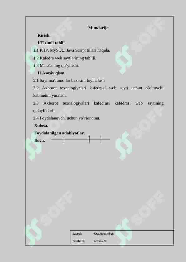 PHP, MySQL, Java Script tillari haqida.