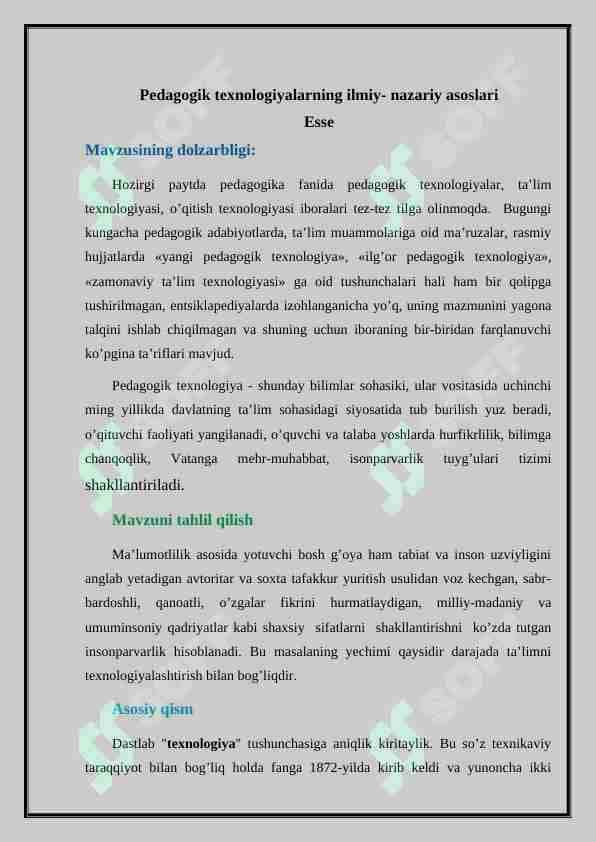Pedagogik texnologiyalarning ilmiy- nazariy asoslari