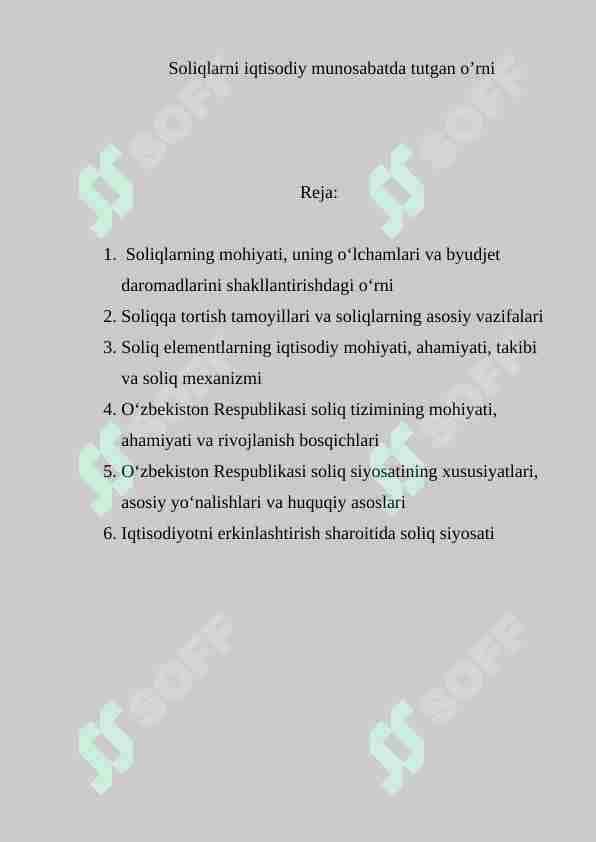 Soliqlarni iqtisodiy munosabatda tutgan o’rni