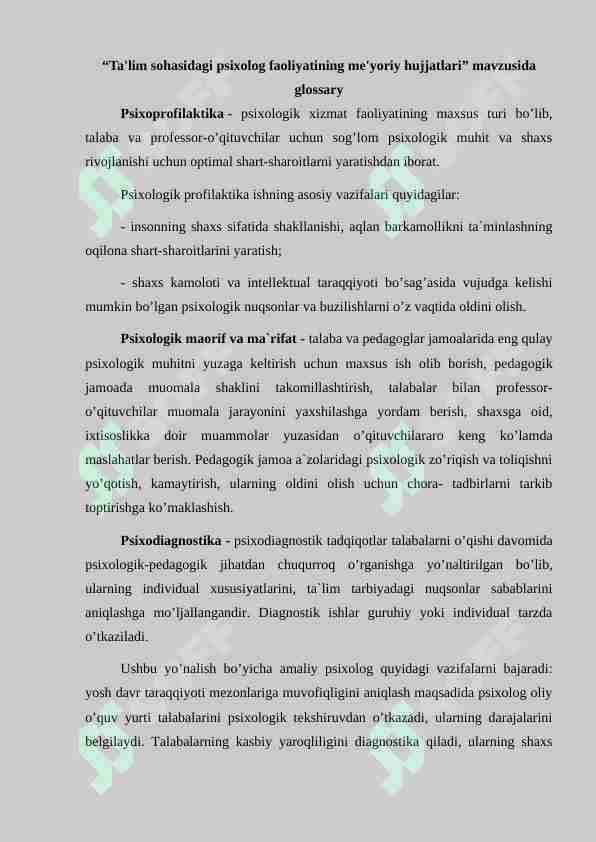 “Ta'lim sohasidagi psixolog faoliyatining me'yoriy hujjatlari” mavzusida glossary