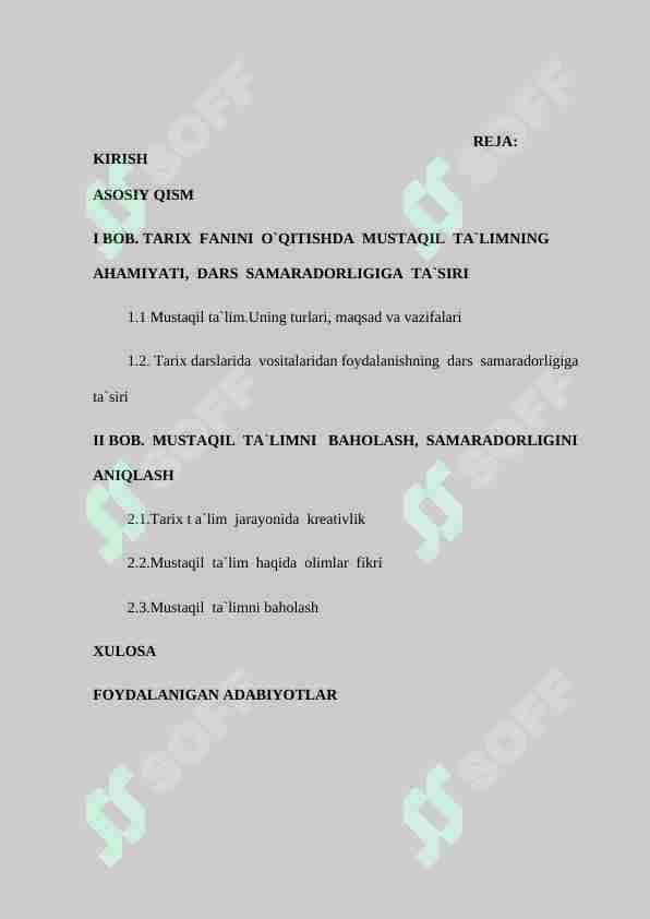 Tarix ta'lim jarayonida mustaqil ta'limning o'rni