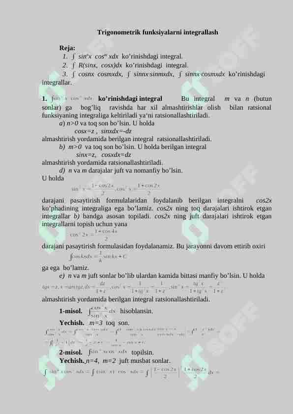 Trigonometrik funksiyalarni integrallash