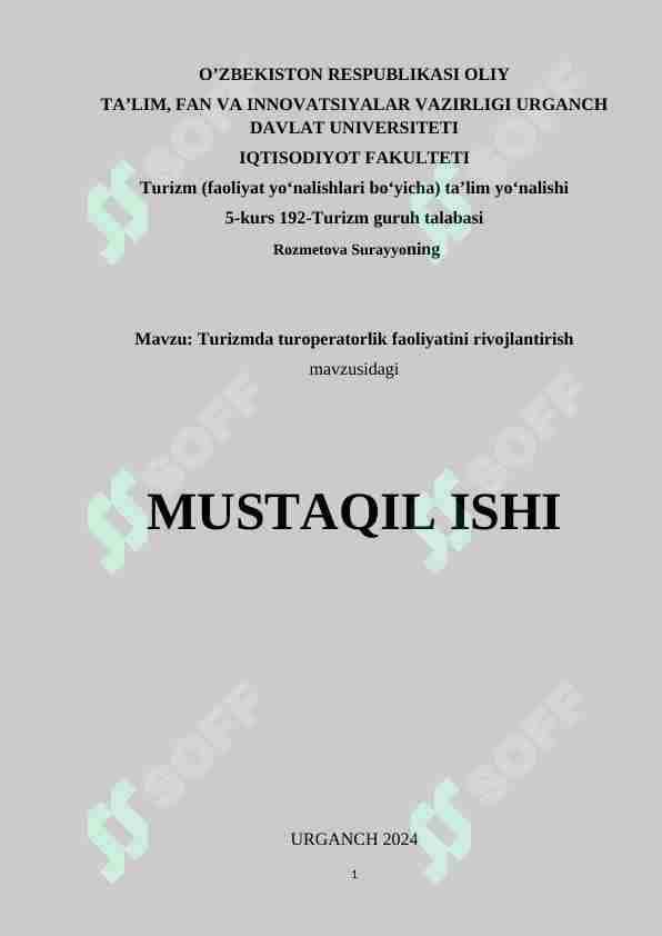 Turizmda turoperatorlik faoliyatini rivojlantirish